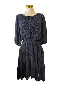 Gabby Skye Dress 16 Navy Polka Dot Puff Sleeve Tiered Boho Cottagecore Midi Work